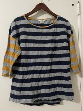 Boden Striped Breton Top Navy Grey Gold Yellow Pocket Tee - US 10